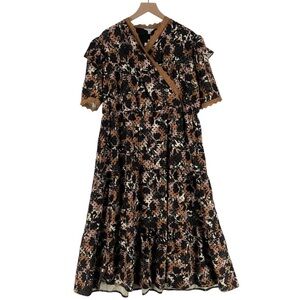 Pano Floral Print Flocked Velvet Eyelet Lace Trim‎ Surplice Tiered Midi Dress
